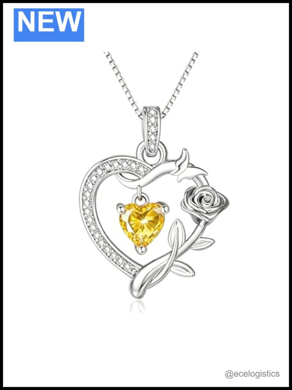 14k White Gold Plated Rose Butterfly Heart Necklace Cubic Zirconia Pendant